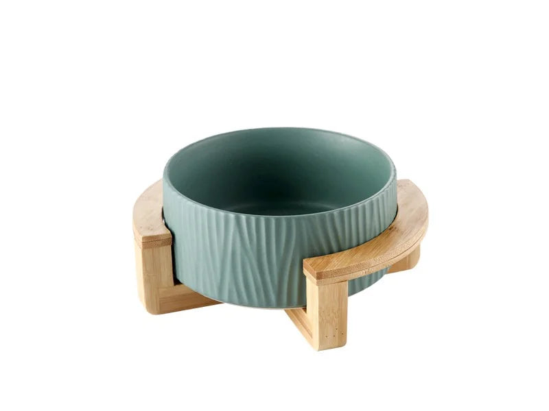 Ciotola in ceramica a righe con base in legno per cani e gatti - Bau Barker