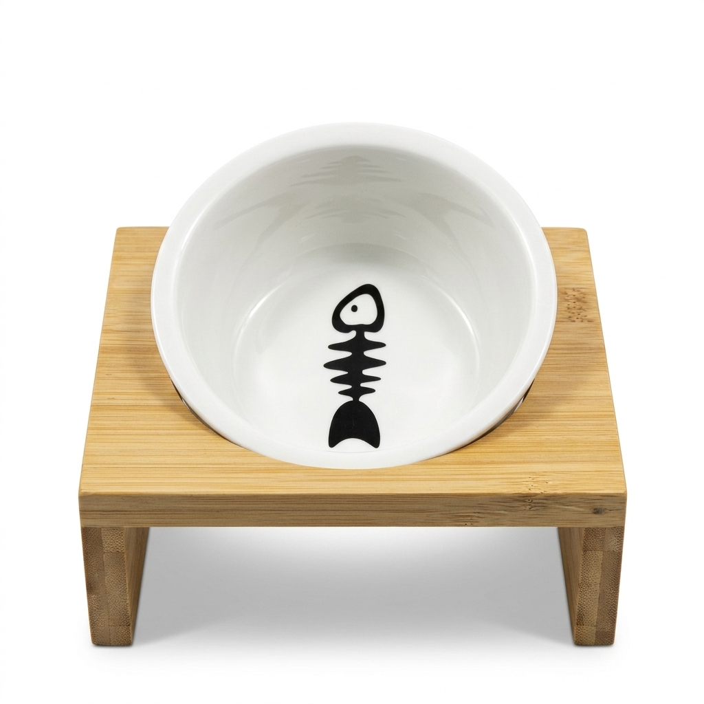 Ciotola fish in ceramica rialzata con base in legno