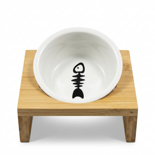 Ciotola fish in ceramica rialzata con base in legno