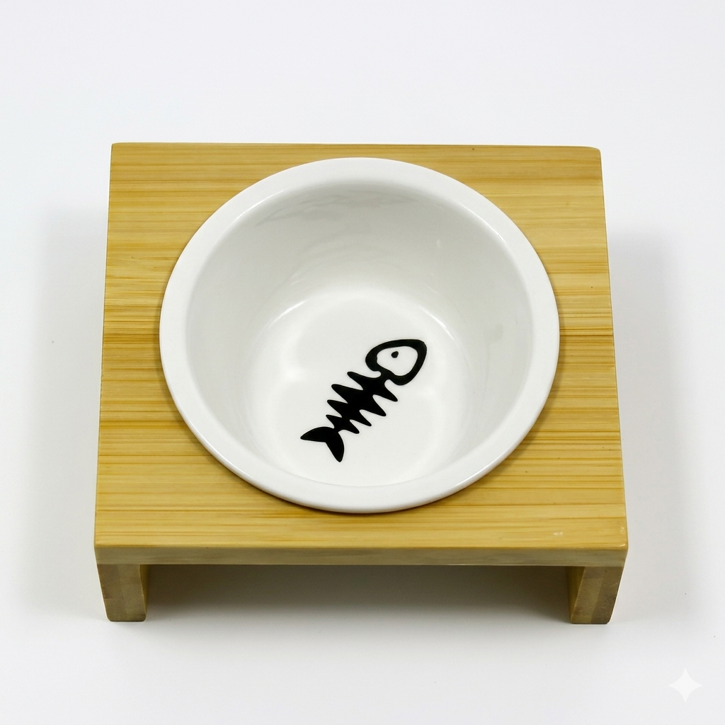 Ciotola fish in ceramica rialzata con base in legno