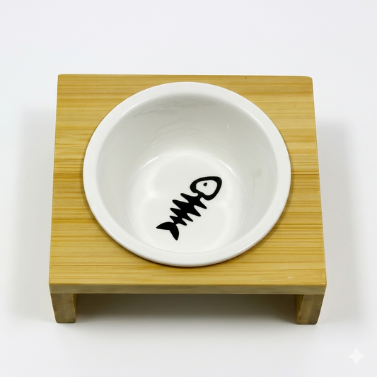 Ciotola fish in ceramica rialzata con base in legno